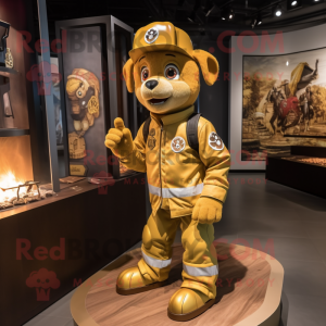 Gold Fire Fighter mascot costume character dressed with a Parka and Anklets