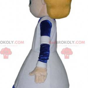 Mascot chica enfermera rubia en vestido blanco y azul -