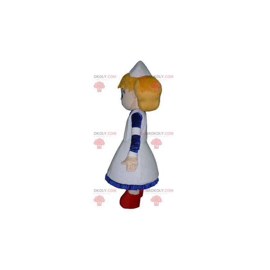 Mascote loira enfermeira garota de vestido branco e azul -