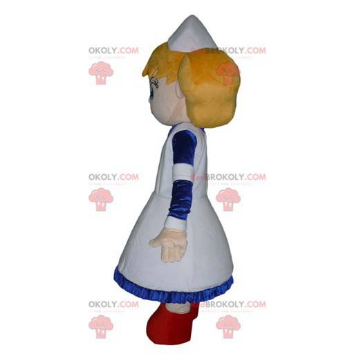 Mascot blond sygeplejerske pige i hvid og blå kjole -