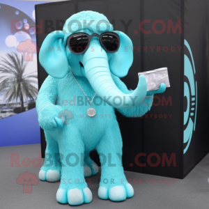 Cyan Mammoth mascot costume character dressed with a Empire Waist Dress and Sunglasses