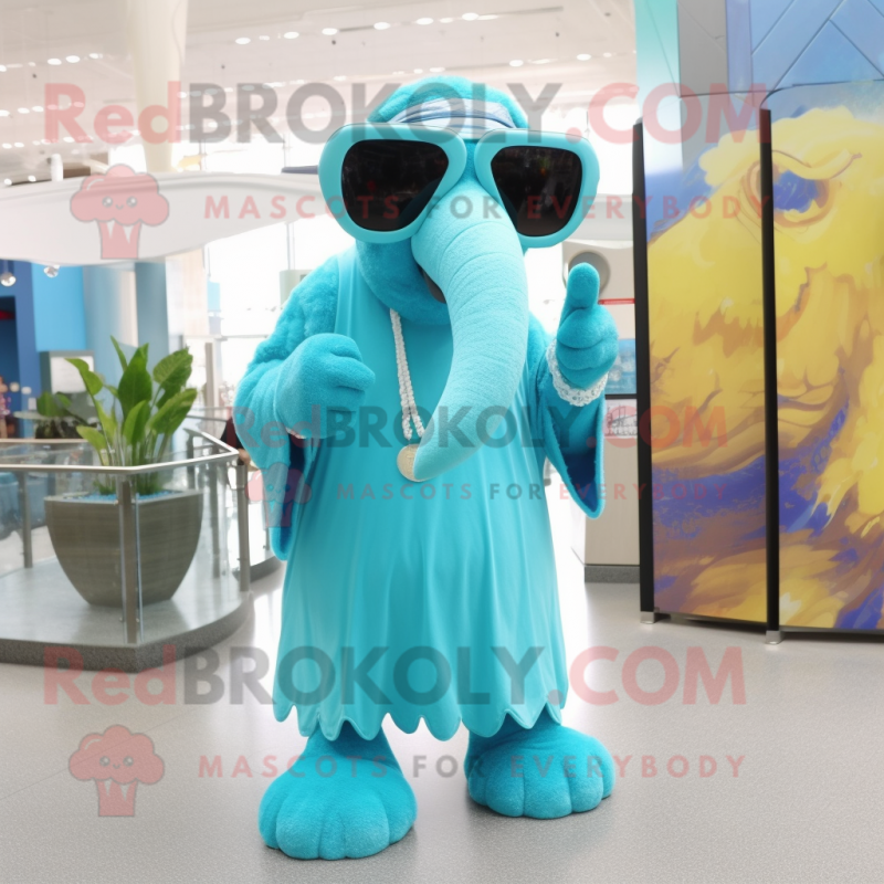 Cyan Mammoth mascot costume character dressed with a Empire Waist Dress and Sunglasses