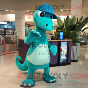 Fantasia de mascote de diplodoco turquesa com macacão e bonés - Mascotes diplodocos - REBROKO_378013 - RedBrokoly.com