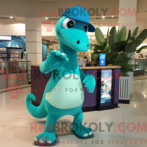 Fantasia de mascote de diplodoco turquesa com macacão e bonés - Mascotes diplodocos - REBROKO_378013 - RedBrokoly.com