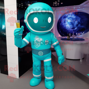 Cyan Astronaut mascot costume character dressed with a Cocktail Dress and Clutch bags