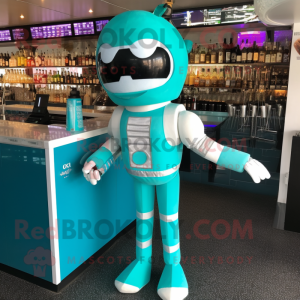 Cyan Astronaut mascot costume character dressed with a Cocktail Dress and Clutch bags