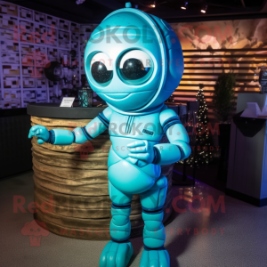 Cyan Astronaut mascot costume character dressed with a Cocktail Dress and Clutch bags