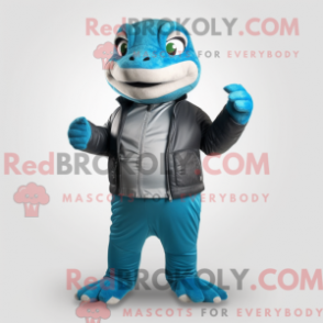 Maskot av en cyan python i maskotdräkt med läderjacka och vantar - Python Mascots - REBROKO_378130 - RedBrokoly.com