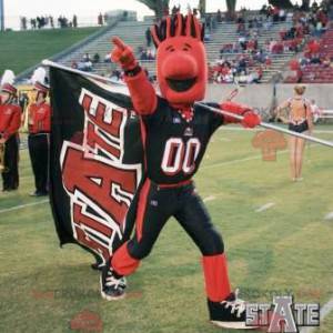 Mascotte de bonhomme rouge et noir avec les cheveux dressés -