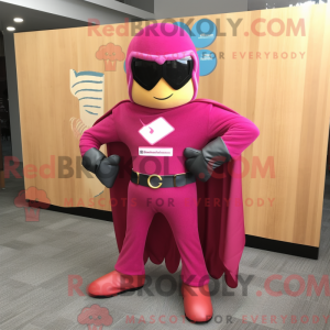 Maskotfigur av en magenta...