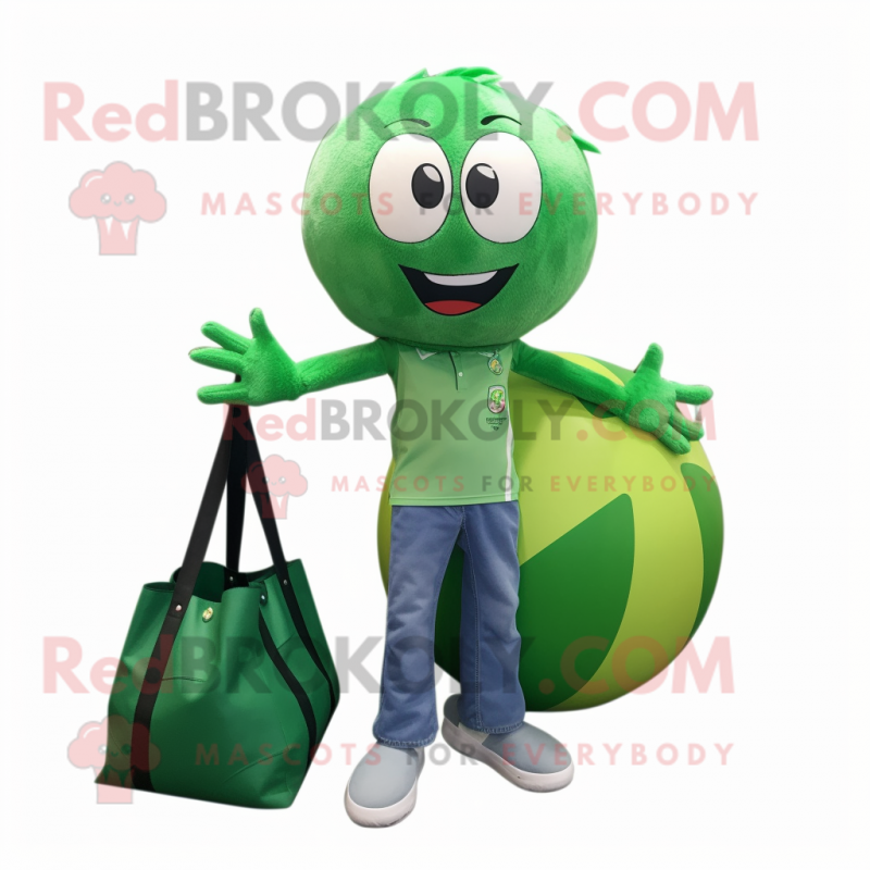 Green Volleyball Ball mascot costume character dressed with a Flare Jeans and Tote bags