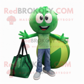 Green Volleyball Ball mascot costume character dressed with a Flare Jeans and Tote bags