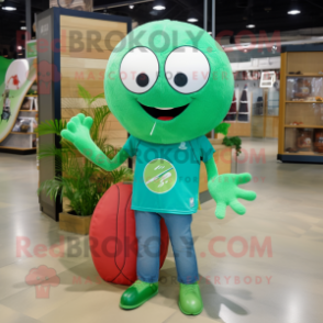 Green Volleyball Ball mascot costume character dressed with a Flare Jeans and Tote bags