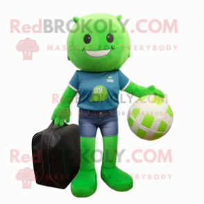 Green Volleyball Ball mascot costume character dressed with a Flare Jeans and Tote bags