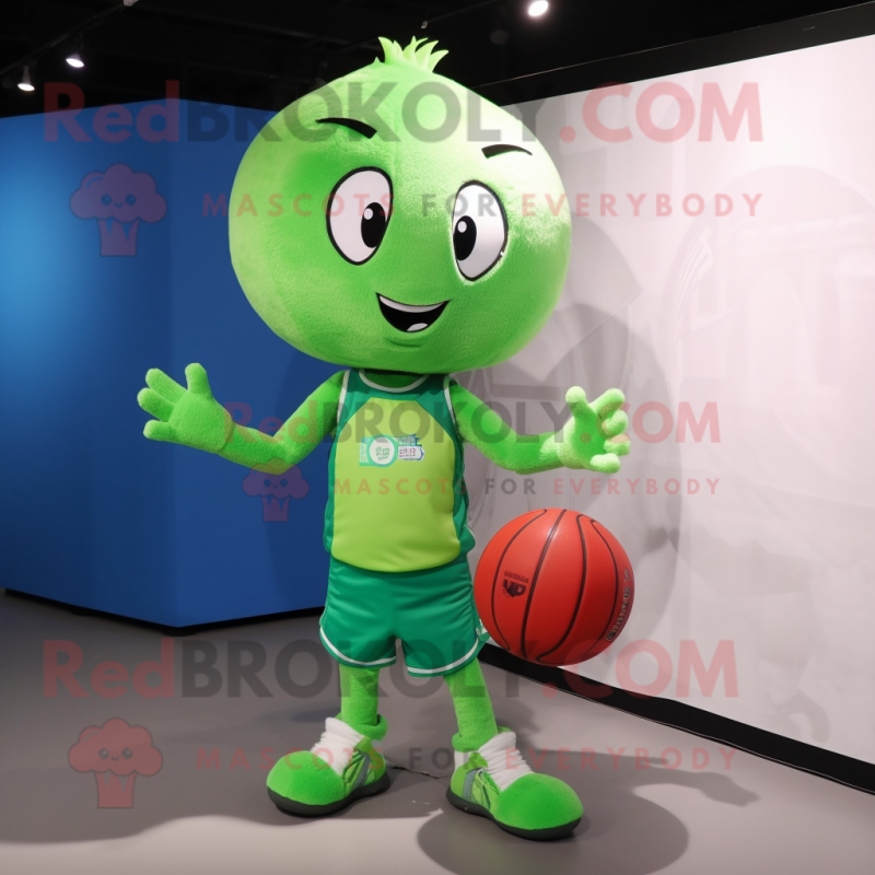 Green Volleyball Ball mascot costume character dressed with a Flare Jeans and Tote bags