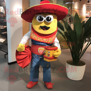 nan Fajitas mascot costume character dressed with a Flare Jeans and Messenger bags