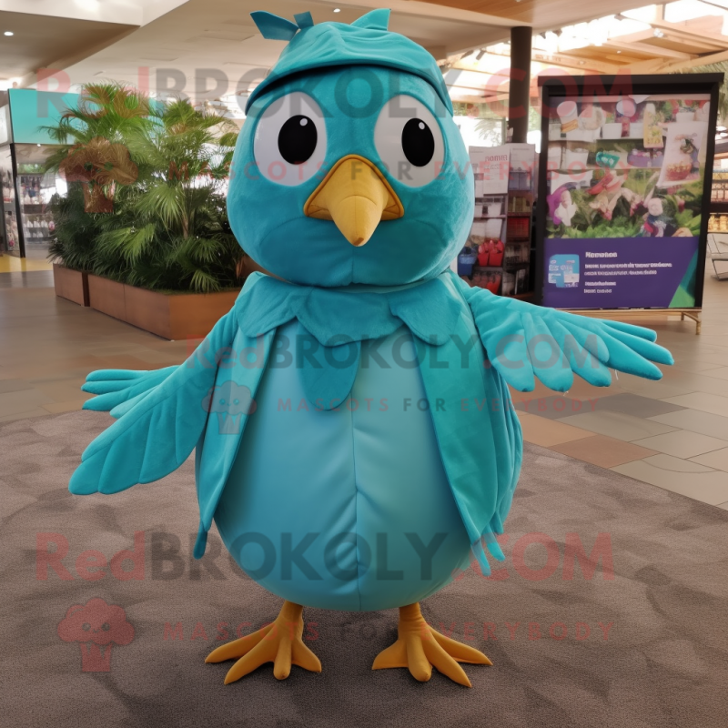 Turquoise Quail mascot costume character dressed with a Poplin Shirt and Headbands