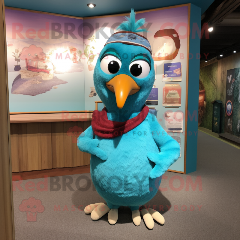 Turquoise Quail mascot costume character dressed with a Poplin Shirt and Headbands