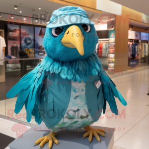 Turquoise Quail mascot costume character dressed with a Poplin Shirt and Headbands