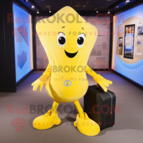 Yellow Stingray mascot costume character dressed with a Jeans and Messenger bags