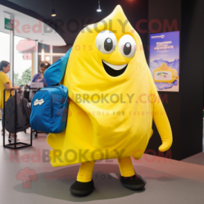 Yellow Stingray mascot costume character dressed with a Jeans and Messenger bags