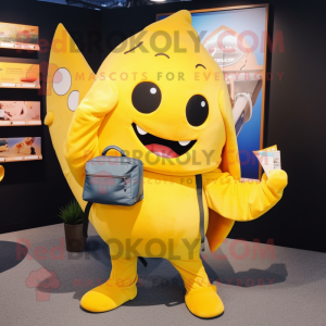 Yellow Stingray mascot costume character dressed with a Jeans and Messenger bags