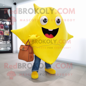 Yellow Stingray mascot costume character dressed with a Jeans and Messenger bags