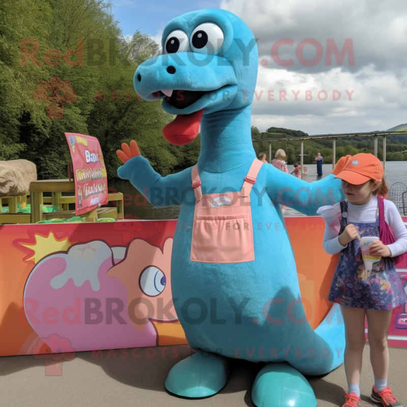 Peach Loch Ness Monster mascot costume character dressed with a Dungarees and Hair clips