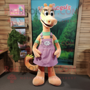 Peach Loch Ness Monster mascot costume character dressed with a Dungarees and Hair clips