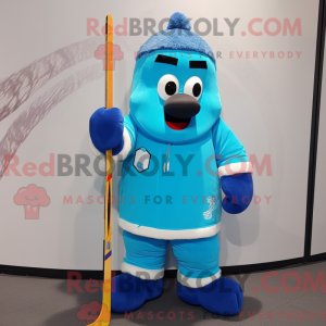 Maskotfigur af en cyan...