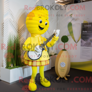 Maskotfigur af en citrongul...