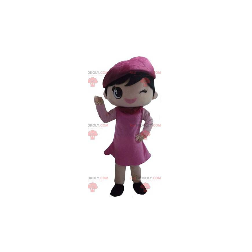 Mascotte ragazza Coquette vestita con un abito rosa -