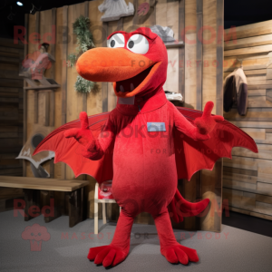 Red Pterodactyl mascot costume character dressed with a Overalls and Brooches