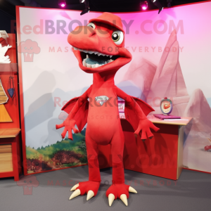 Red Pterodactyl mascot costume character dressed with a Overalls and Brooches