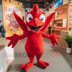 Red Pterodactyl mascot costume character dressed with a Overalls and Brooches