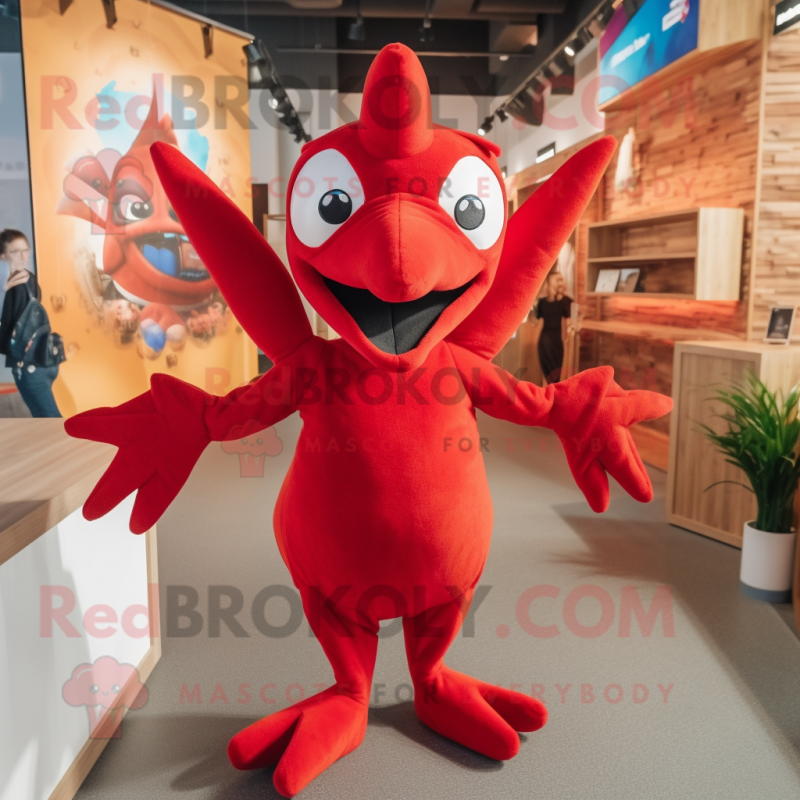 Red Pterodactyl mascot costume character dressed with a Overalls and Brooches Red Pterodactyl mascot costume character dressed with a Overalls and Brooches