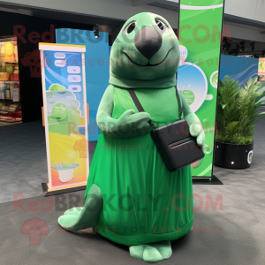 Green Seal mascot costume character dressed with a Maxi Skirt and Wallets