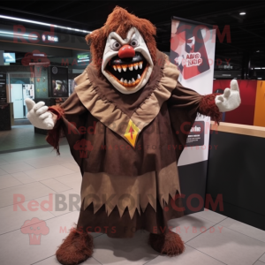 Brown Evil Clown mascot costume character dressed with a T-Shirt and Shawl pins