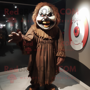 Brown Evil Clown mascot costume character dressed with a T-Shirt and Shawl pins