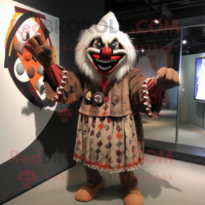 Brown Evil Clown mascot costume character dressed with a T-Shirt and Shawl pins