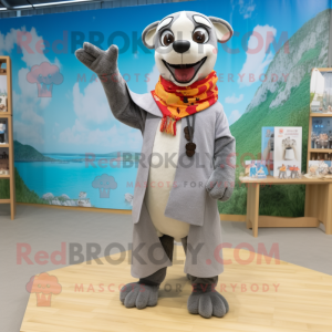 Silver Dog mascot costume character dressed with a One-Piece Swimsuit and Shawls