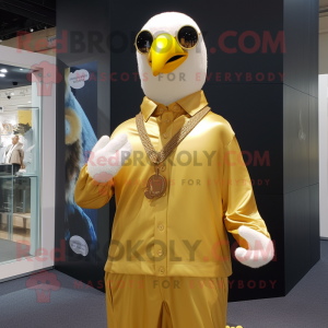 Gold Albatross mascot costume character dressed with a Overalls and Keychains