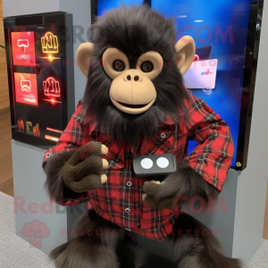 Black Capuchin Monkey mascot costume character dressed with a Flannel Shirt and Digital watches