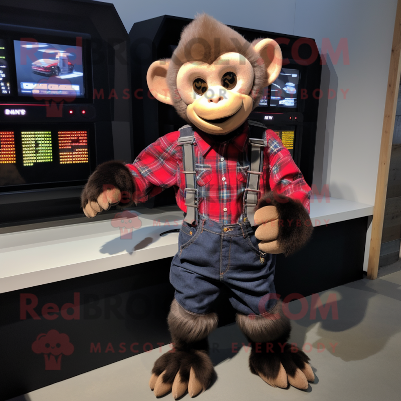 Black Capuchin Monkey mascot costume character dressed with a Flannel Shirt and Digital watches