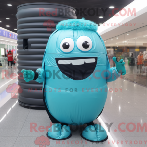 Maskotfigur af en cyan...