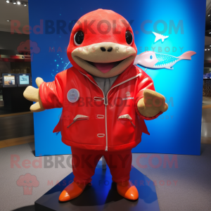 Red Stingray mascot costume character dressed with a Parka and Necklaces