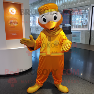 Gold Mandarin mascot costume character dressed with a Joggers and Berets
