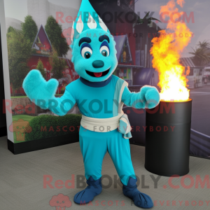 Maskotfigur af en cyan...