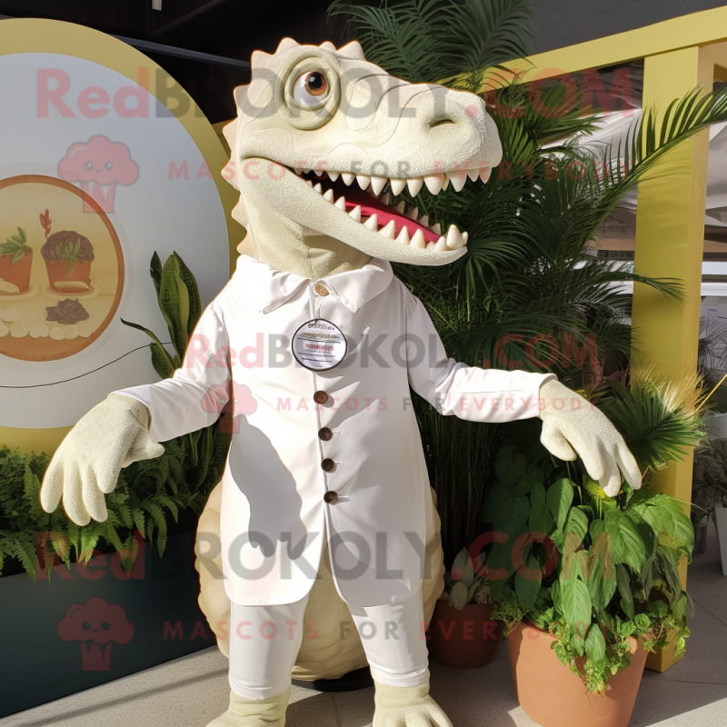 Cream Spinosaurus mascot costume character dressed with a Jumpsuit and Lapel pins