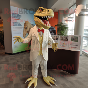 Cream Spinosaurus mascot costume character dressed with a Jumpsuit and Lapel pins